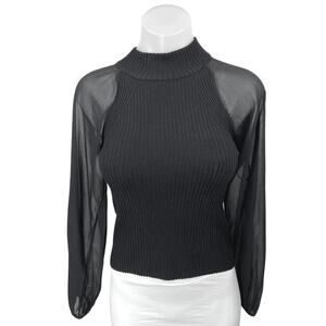 French Connection Melody Black Chiffon Long Sleeve Knit Sweater Blouse Top Sz XS